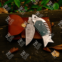 Load image into Gallery viewer, Handmade Damascus Steel Folding Knife – Green Honeycomb Handle