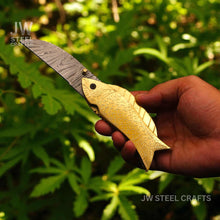 Load image into Gallery viewer, Handmade Damascus Steel Folding Knife with Engraved Brass Fish Handle