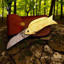 Load image into Gallery viewer, Handmade Damascus Steel Folding Knife with Engraved Brass Fish Handle