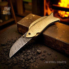 Load image into Gallery viewer, Handmade Damascus Steel Folding Knife with Engraved Brass Fish Handle