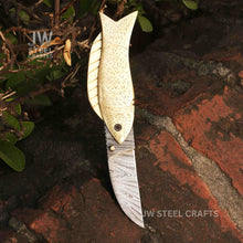 Load image into Gallery viewer, Handmade Damascus Steel Folding Knife with Engraved Brass Fish Handle