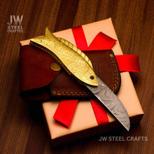 Load image into Gallery viewer, Handmade Damascus Steel Folding Knife with Engraved Brass Fish Handle