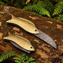 Load image into Gallery viewer, Handmade Damascus Steel Folding Knife with Engraved Brass Fish Handle