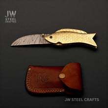 Load image into Gallery viewer, Handmade Damascus Steel Folding Knife with Engraved Brass Fish Handle