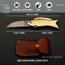 Load image into Gallery viewer, Handmade Damascus Steel Folding Knife with Engraved Brass Fish Handle