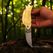 Load image into Gallery viewer, Handmade Damascus Steel Folding Knife with Engraved Brass Fish Handle