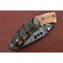 Load image into Gallery viewer, Handmade Damascus Steel Folding Knife with Engraved Metal Handle – Premium EDC Pocket Knife