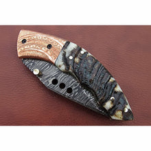 Load image into Gallery viewer, Handmade Damascus Steel Folding Knife with Engraved Metal Handle – Premium EDC Pocket Knife