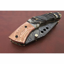 Load image into Gallery viewer, Handmade Damascus Steel Folding Knife with Engraved Metal Handle – Premium EDC Pocket Knife