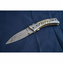 Load image into Gallery viewer, Handmade Damascus Steel Folding Knife with Natural Bone Handle – Custom Pocket Knife