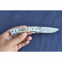 Load image into Gallery viewer, Handmade Damascus Steel Folding Knife with Natural Bone Handle – Custom Pocket Knife