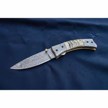 Load image into Gallery viewer, Handmade Damascus Steel Folding Knife with Natural Bone Handle – Custom Pocket Knife