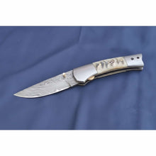 Load image into Gallery viewer, Handmade Damascus Steel Folding Knife with Natural Bone Handle – Custom Pocket Knife