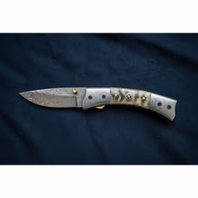 Load image into Gallery viewer, Handmade Damascus Steel Folding Knife with Natural Bone Handle – Custom Pocket Knife