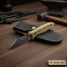 Load image into Gallery viewer, Handmade Damascus Steel Folding Knife with Olive Wood Handle – Brass Liner Pocket Knife
