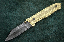 Load image into Gallery viewer, Handmade Damascus Steel Folding Knife with Olive Wood Handle – Brass Liner Pocket Knife