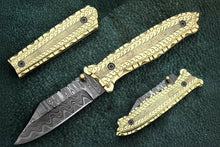 Load image into Gallery viewer, Handmade Damascus Steel Folding Knife with Olive Wood Handle – Brass Liner Pocket Knife