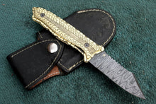 Load image into Gallery viewer, Handmade Damascus Steel Folding Knife with Olive Wood Handle – Brass Liner Pocket Knife