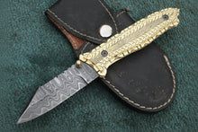 Load image into Gallery viewer, Handmade Damascus Steel Folding Knife with Olive Wood Handle – Brass Liner Pocket Knife