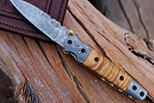 Load image into Gallery viewer, Handmade Damascus Steel Folding Knife with Olive Wood Handle – Pocket Knife for Everyday Carry &amp; Gift