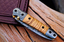 Load image into Gallery viewer, Handmade Damascus Steel Folding Knife with Olive Wood Handle – Pocket Knife for Everyday Carry &amp; Gift