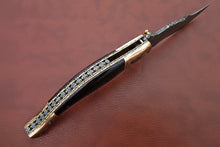 Load image into Gallery viewer, Handmade Damascus Steel Folding Knife with Teal Handle, Engraved Bolster &amp; Leather Sheath