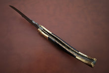 Load image into Gallery viewer, Handmade Damascus Steel Folding Knife with Teal Handle, Engraved Bolster &amp; Leather Sheath