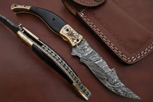 Load image into Gallery viewer, Handmade Damascus Steel Folding Knife with Teal Handle, Engraved Bolster &amp; Leather Sheath