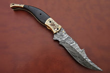 Load image into Gallery viewer, Handmade Damascus Steel Folding Knife with Teal Handle, Engraved Bolster &amp; Leather Sheath