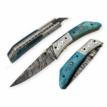 Load image into Gallery viewer, Handmade Damascus Steel Folding Knife with Teal Wood Handle &amp; Engraved Bolster