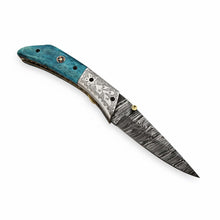 Load image into Gallery viewer, Handmade Damascus Steel Folding Knife with Teal Wood Handle &amp; Engraved Bolster