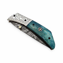 Load image into Gallery viewer, Handmade Damascus Steel Folding Knife with Teal Wood Handle &amp; Engraved Bolster