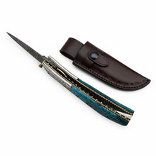 Load image into Gallery viewer, Handmade Damascus Steel Folding Knife with Teal Wood Handle &amp; Engraved Bolster