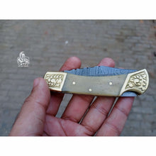 Load image into Gallery viewer, Handmade Damascus Steel Folding Pocket Knife with Bone Handle &amp; Engraved Brass Bolsters