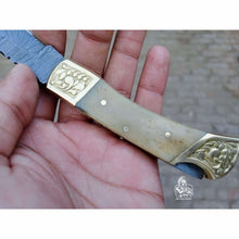 Load image into Gallery viewer, Handmade Damascus Steel Folding Pocket Knife with Bone Handle &amp; Engraved Brass Bolsters