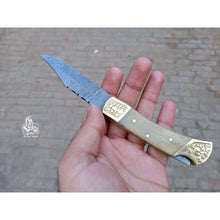 Load image into Gallery viewer, Handmade Damascus Steel Folding Pocket Knife with Bone Handle &amp; Engraved Brass Bolsters