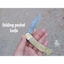 Load image into Gallery viewer, Handmade Damascus Steel Folding Pocket Knife with Bone Handle &amp; Engraved Brass Bolsters