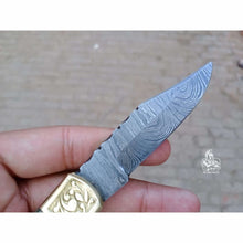 Load image into Gallery viewer, Handmade Damascus Steel Folding Pocket Knife with Bone Handle &amp; Engraved Brass Bolsters