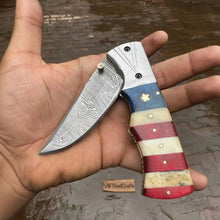 Load image into Gallery viewer, Paul Revere EDC Knife 3.5” blade – Damascus Folding Pocket Knife with Patriotic USA Flag Handle