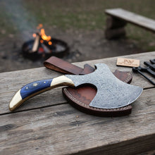 Load image into Gallery viewer, Handmade Damascus Steel Hatchet – Custom Hand Forged Camping Axe with Hardwood Handle &amp; Leather Sheath | JW SteelCrafts