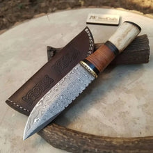 Load image into Gallery viewer, Handmade Damascus Steel Hunting Knife with Leather Sheath &amp; Bone Handle