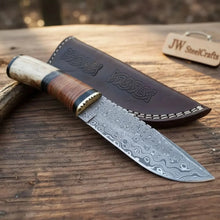 Load image into Gallery viewer, Handmade Damascus Steel Hunting Knife with Leather Sheath &amp; Bone Handle