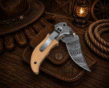 Load image into Gallery viewer, Handmade Damascus Steel Pocket Knife – Olive Wood Handle Folding Knife with Belt Clip | EDC Hunting Camping Knife Gift for Men