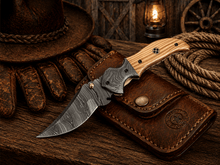 Load image into Gallery viewer, Handmade Damascus Steel Pocket Knife – Olive Wood Handle Folding Knife with Belt Clip | EDC Hunting Camping Knife Gift for Men