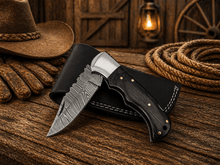 Load image into Gallery viewer, Handmade Damascus Steel Pocket Knife – Pakka Wood Handle Folding Knife with Leather Sheath | EDC Hunting Camping Gift for Men