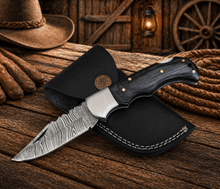 Load image into Gallery viewer, Handmade Damascus Steel Pocket Knife – Pakka Wood Handle Folding Knife with Leather Sheath | EDC Hunting Camping Gift for Men