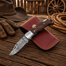Load image into Gallery viewer, Handmade Damascus Steel Pocket Knife – Rosewood Handle Folding Knife with Leather Sheath | EDC Hunting Camping Gift for Men