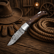 Load image into Gallery viewer, Handmade Damascus Steel Pocket Knife – Rosewood Handle Folding Knife with Leather Sheath | EDC Hunting Camping Gift for Men