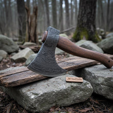 Load image into Gallery viewer, Handmade Damascus Steel Tomahawk Axe – Hand Forged Bearded Hatchet with Curved Hardwood Handle for Camping and Bushcraft | JW SteelCrafts