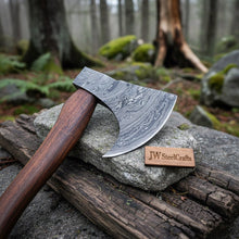 Load image into Gallery viewer, Handmade Damascus Steel Tomahawk Axe – Hand Forged Bearded Hatchet with Curved Hardwood Handle for Camping and Bushcraft | JW SteelCrafts